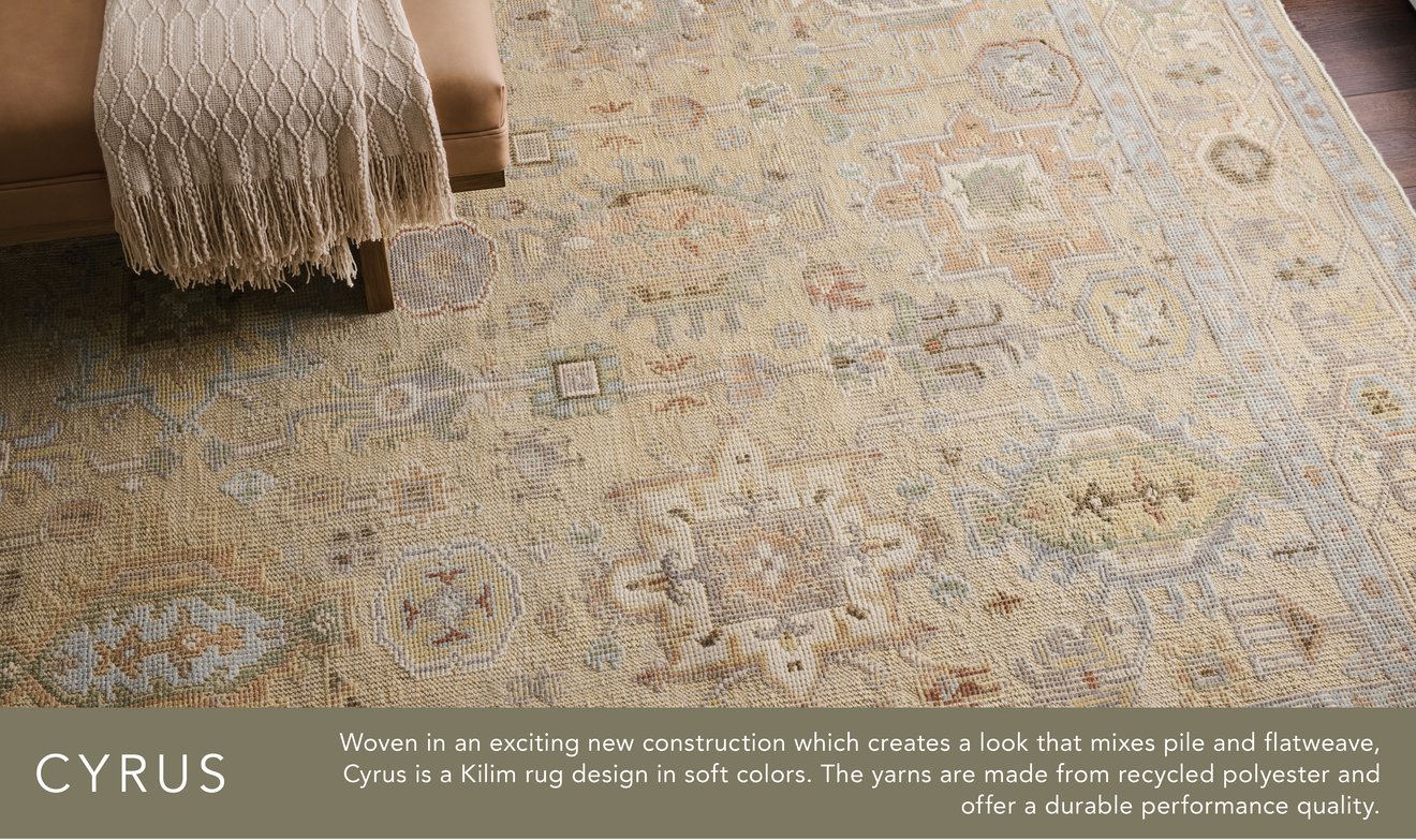 Cyrus – Woven in an exciting new construction which creates a look that mixes pile and flatweave, Cyrus is a Kilim rug design in soft colors. The yarns are made from recycled polyester and offer a durable performance quality.